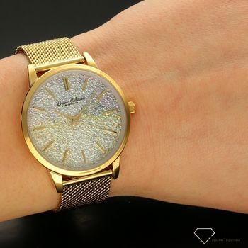 Zegarek damski BRUNO CALVANI BC90533 złoty brokatowa tarcza. Zegarek damski z piękną, modową tarczą zegarka. Tarc w jasnym kolorze. Bransoleta meshowa oraz koperta zegarka w kolorze złota. Zegarek damski w złot (1).jpg